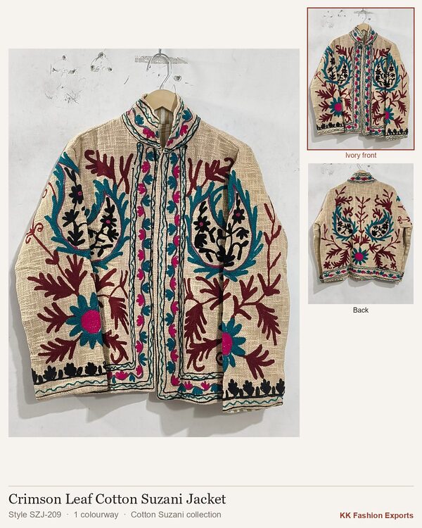Crimson Leaf Cotton Suzani Jacket, style SZJ-209, shown in 1 colourways