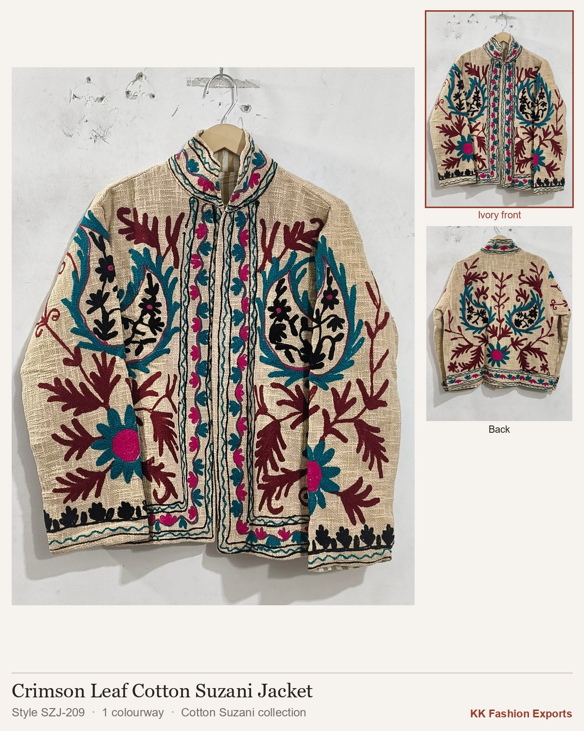 Crimson Leaf Cotton Suzani Jacket, style SZJ-209, shown in 1 colourways