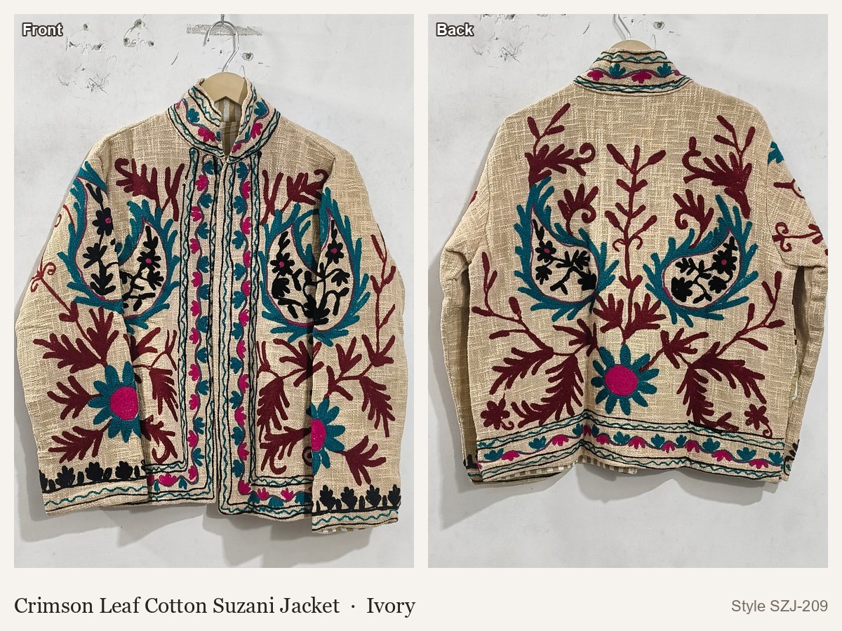 Crimson Leaf Cotton Suzani Jacket in Ivory, front and back