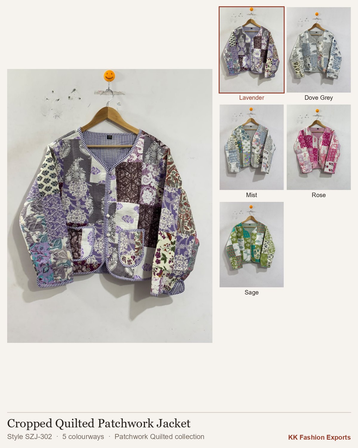 Cropped Quilted Patchwork Jacket, style SZJ-302, shown in 5 colourways