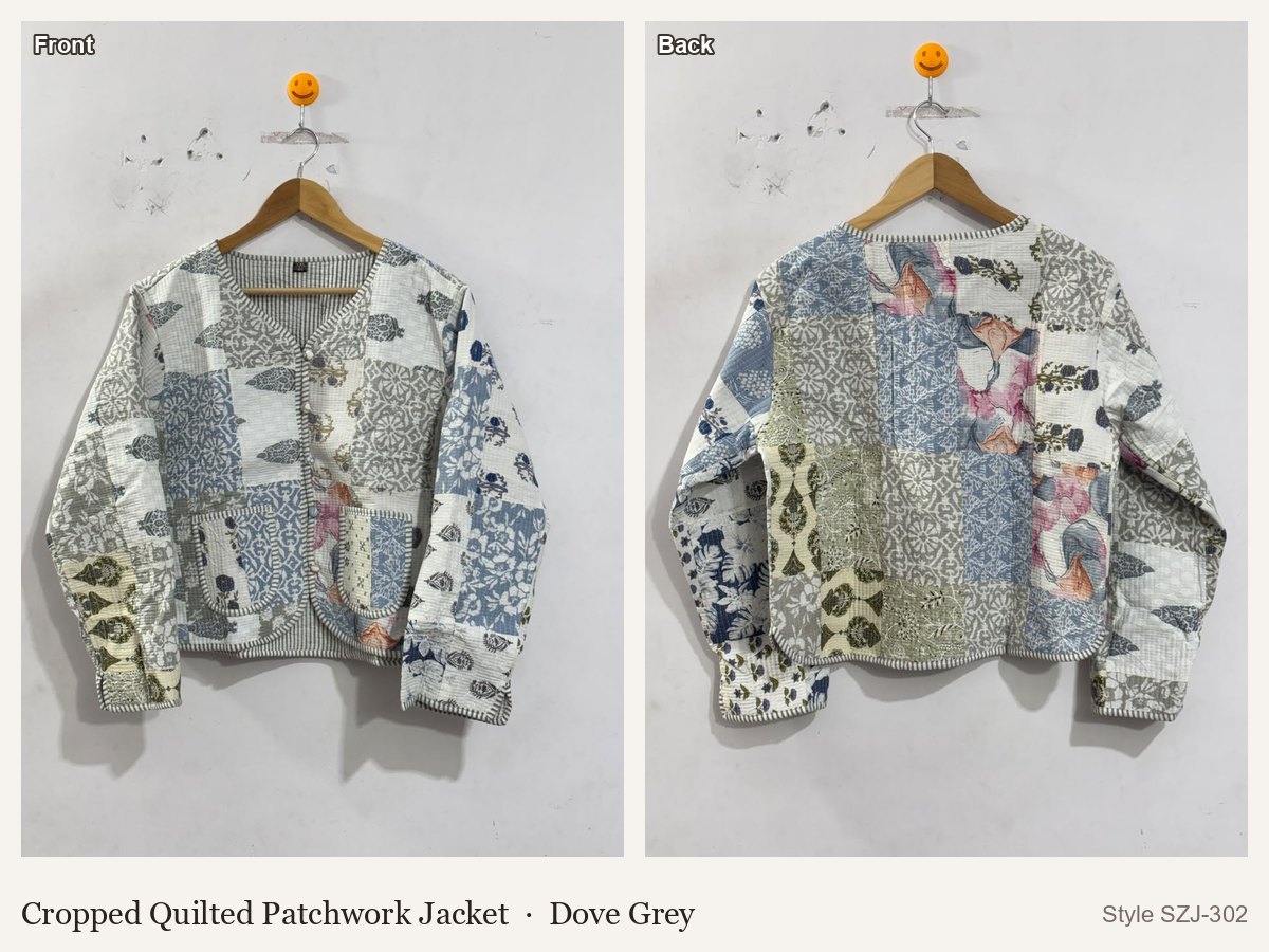 Cropped Quilted Patchwork Jacket in Dove Grey, front and back