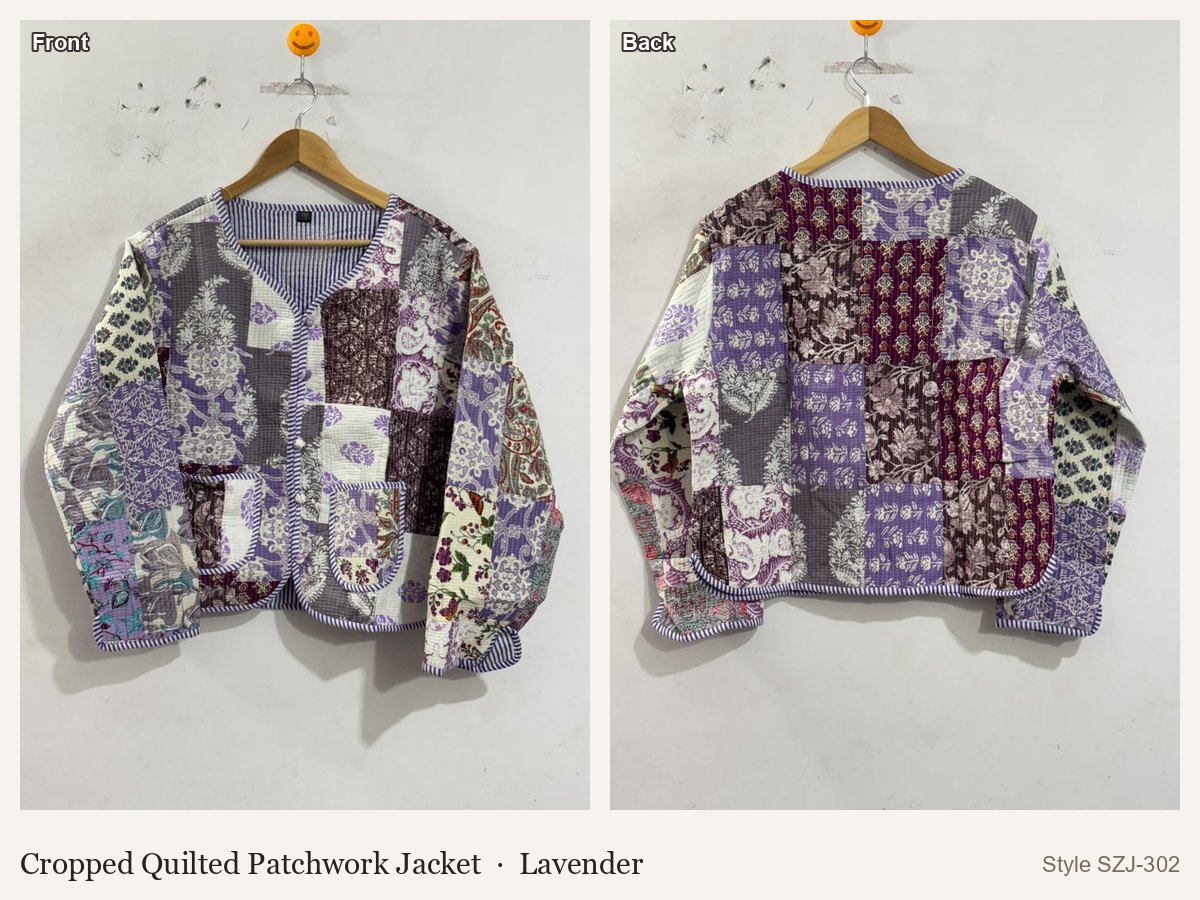 Cropped Quilted Patchwork Jacket in Lavender, front and back