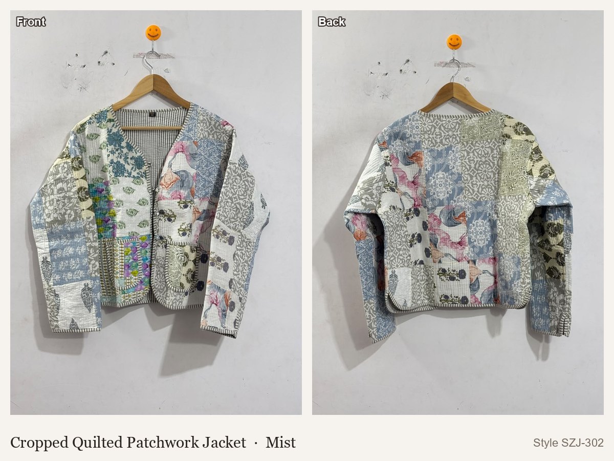 Cropped Quilted Patchwork Jacket in Mist, front and back