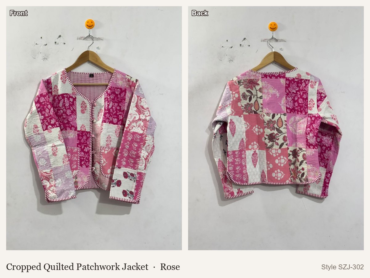Cropped Quilted Patchwork Jacket in Rose, front and back