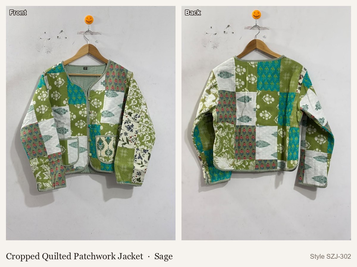 Cropped Quilted Patchwork Jacket in Sage, front and back