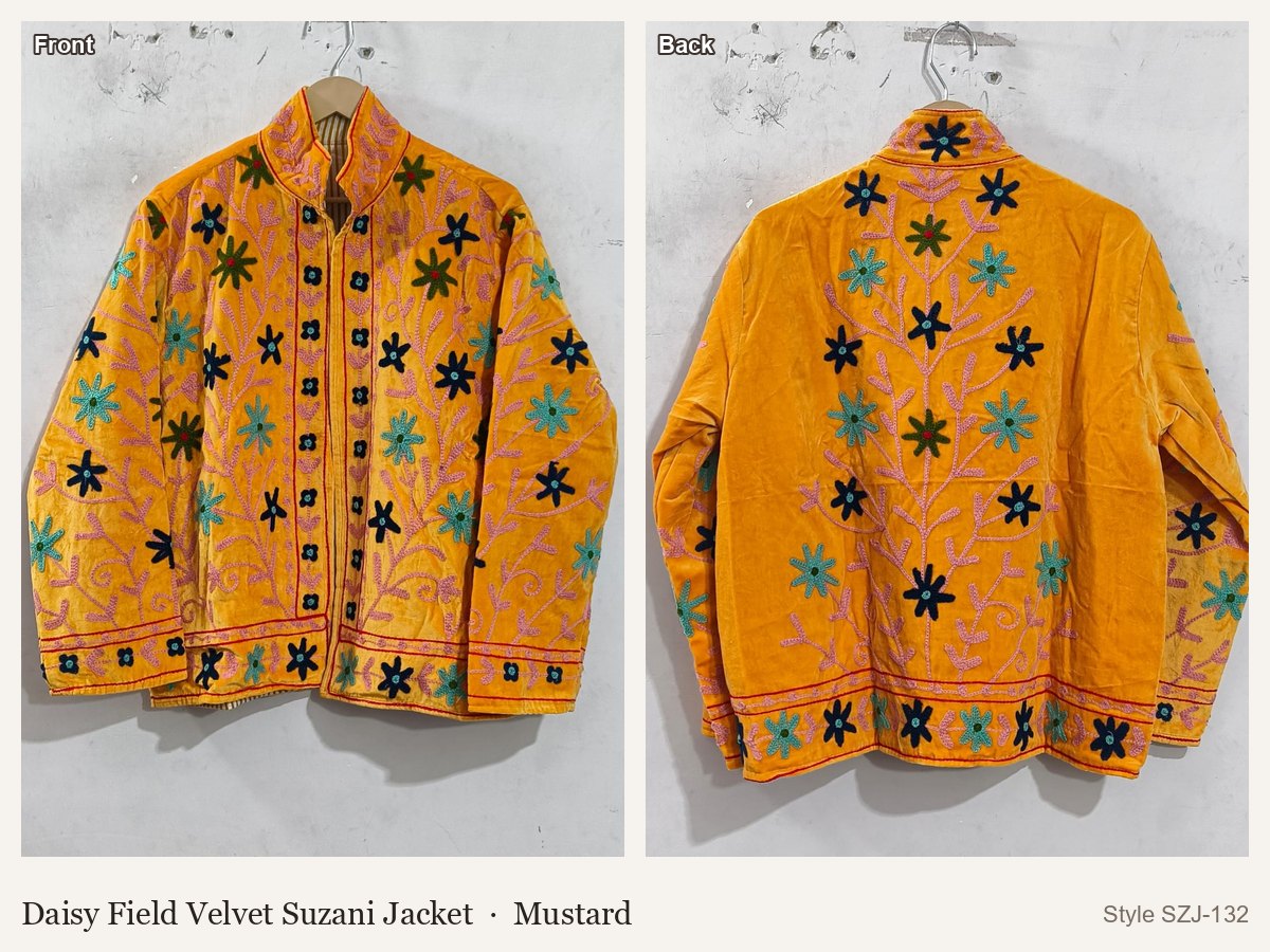 Daisy Field Velvet Suzani Jacket in Mustard, front and back