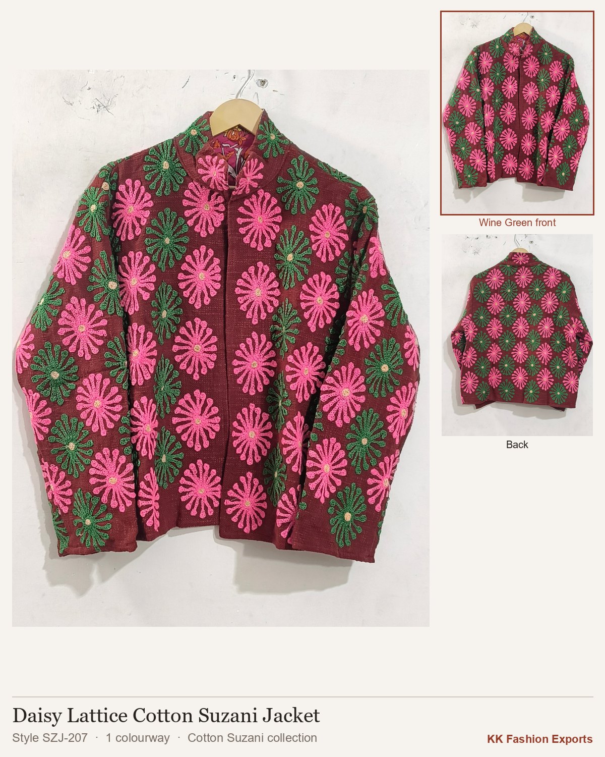 Daisy Lattice Cotton Suzani Jacket, style SZJ-207, shown in 1 colourways