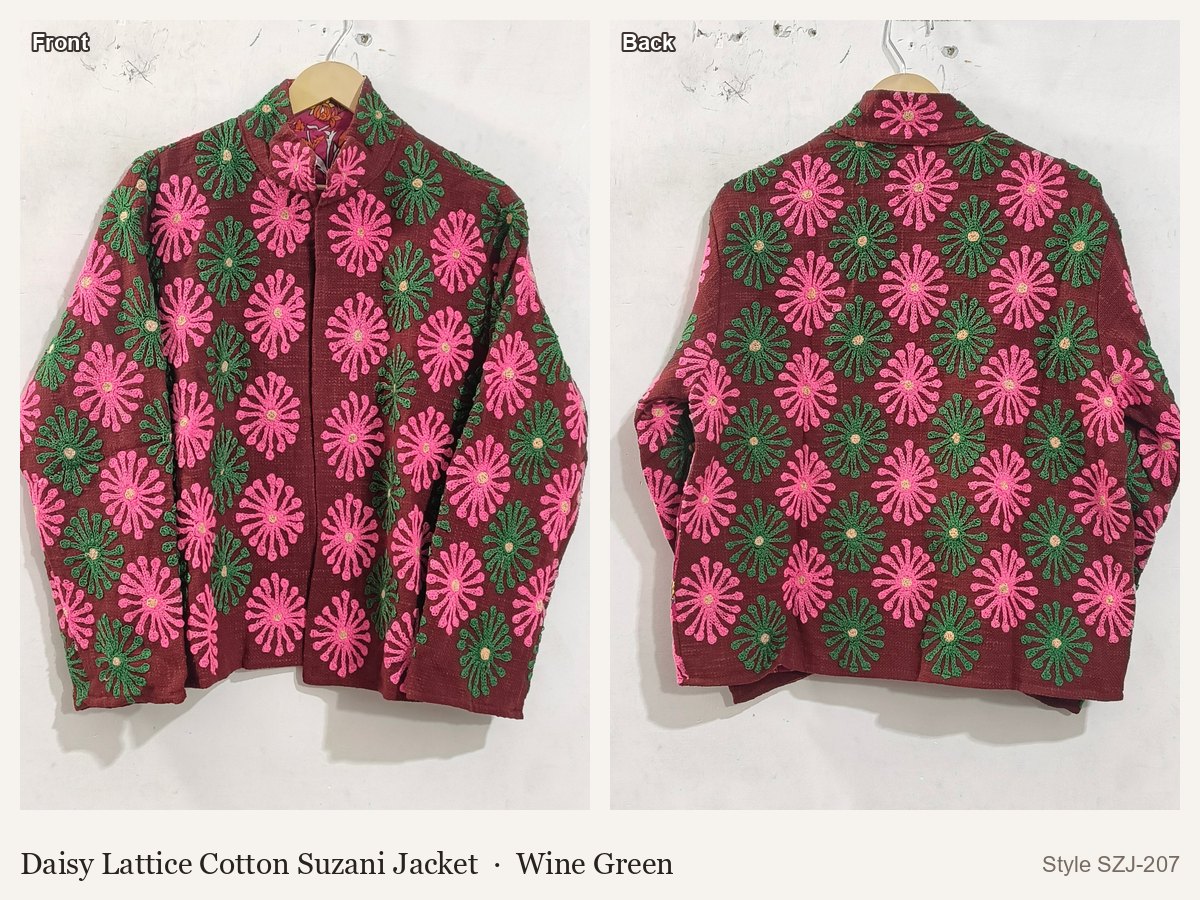Daisy Lattice Cotton Suzani Jacket in Wine Green, front and back