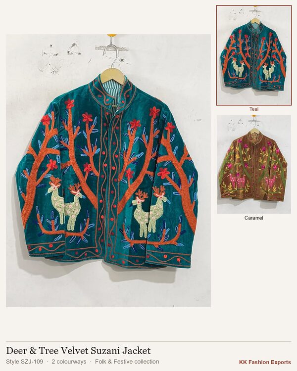 Deer & Tree Velvet Suzani Jacket, style SZJ-109, shown in 2 colourways