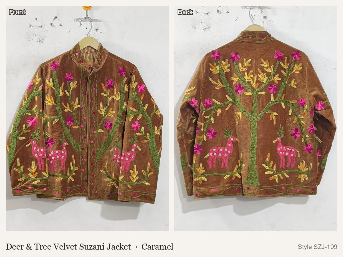 Deer & Tree Velvet Suzani Jacket in Caramel, front and back