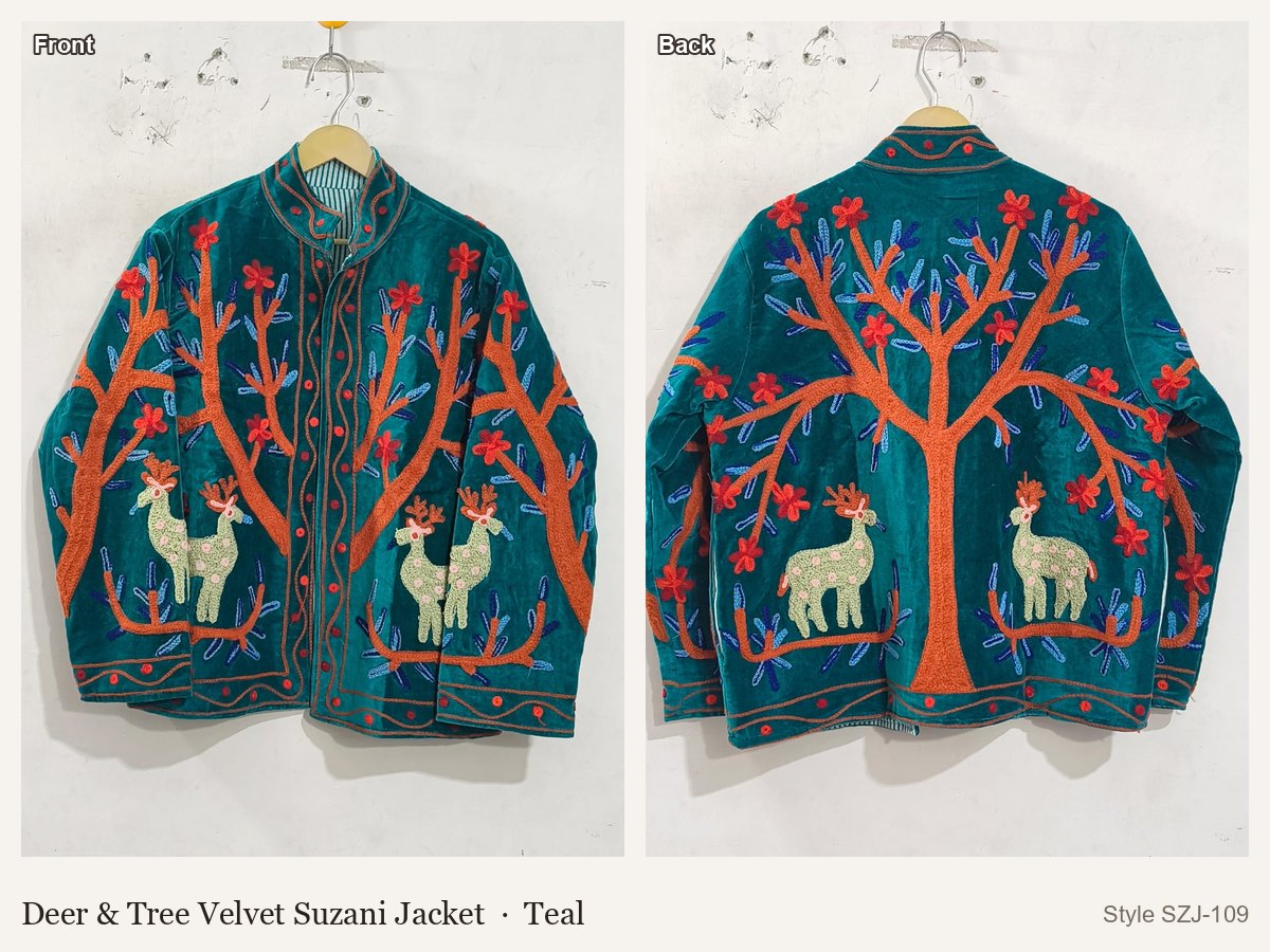 Deer & Tree Velvet Suzani Jacket in Teal, front and back