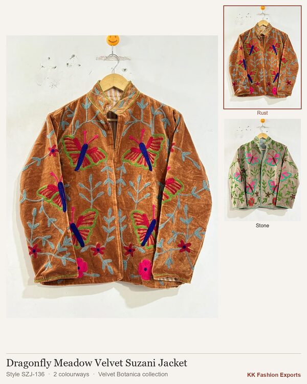 Dragonfly Meadow Velvet Suzani Jacket, style SZJ-136, shown in 2 colourways