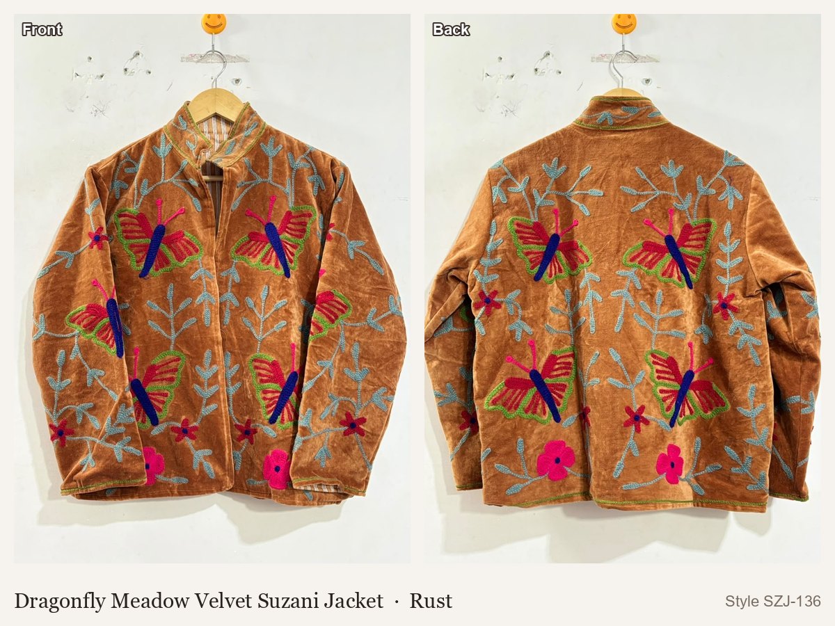 Dragonfly Meadow Velvet Suzani Jacket in Rust, front and back
