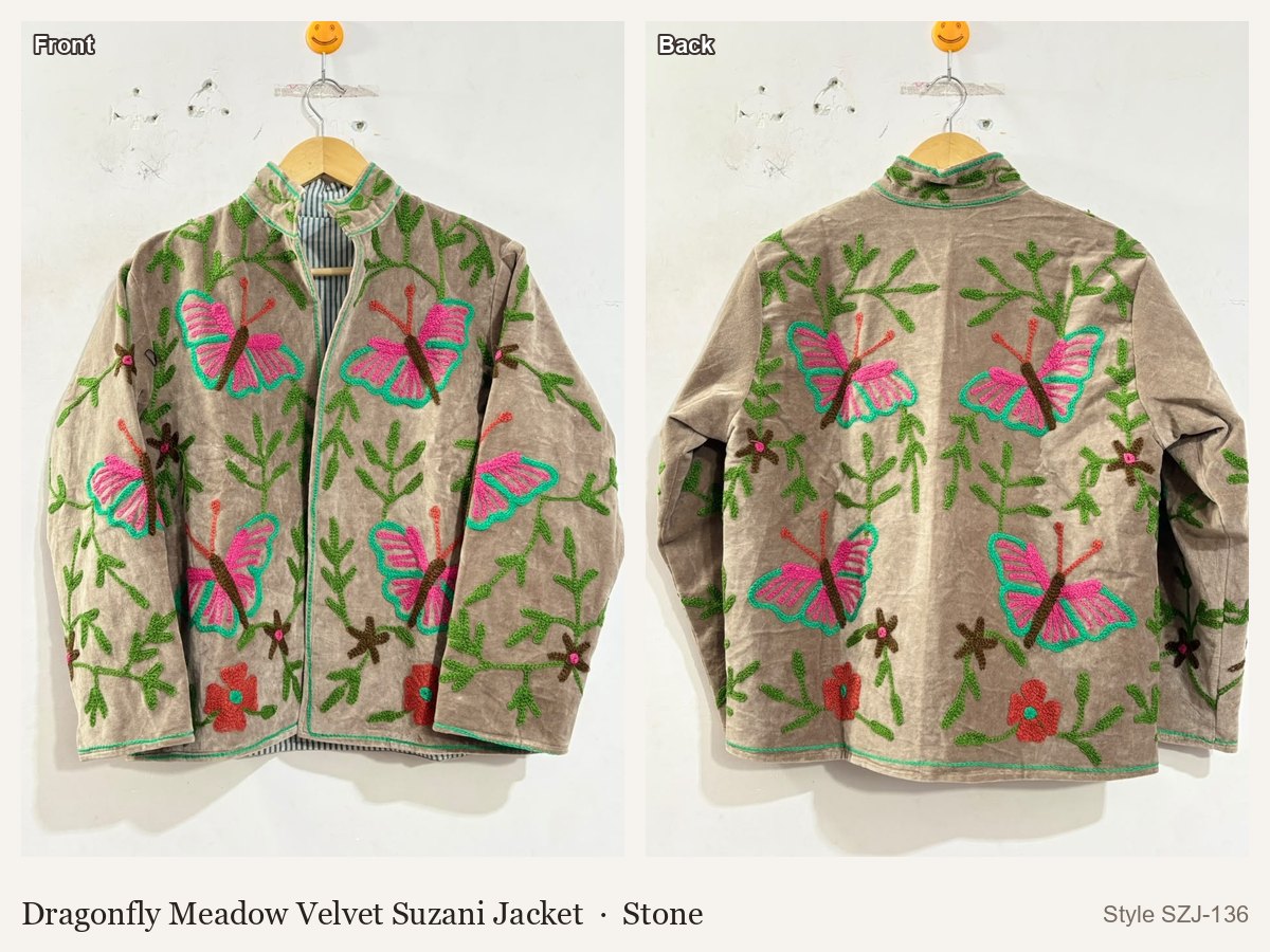 Dragonfly Meadow Velvet Suzani Jacket in Stone, front and back