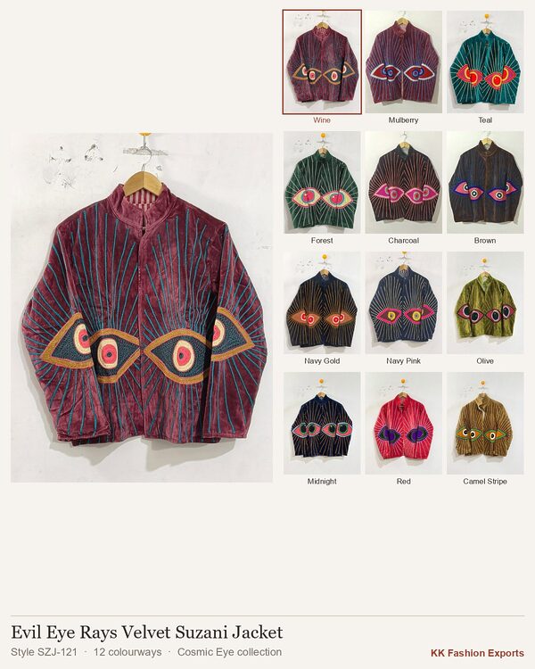 Evil Eye Rays Velvet Suzani Jacket, style SZJ-121, shown in 12 colourways