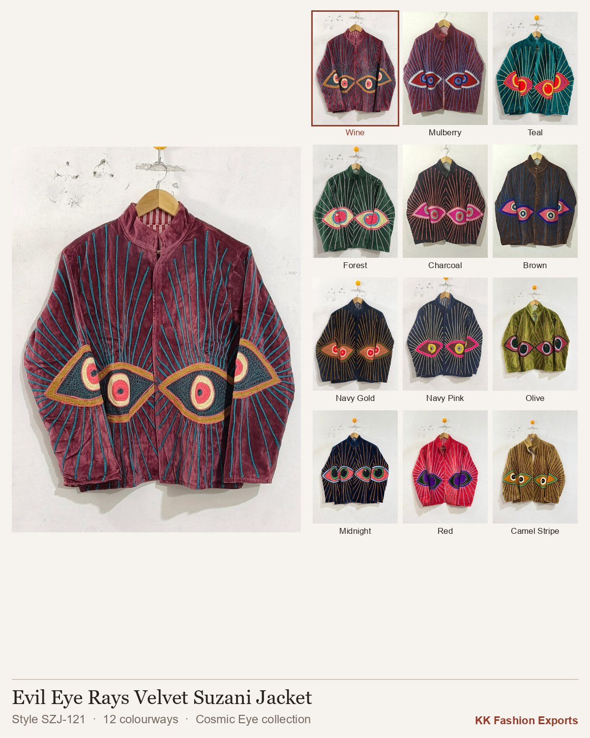 Evil Eye Rays Velvet Suzani Jacket, style SZJ-121, shown in 12 colourways