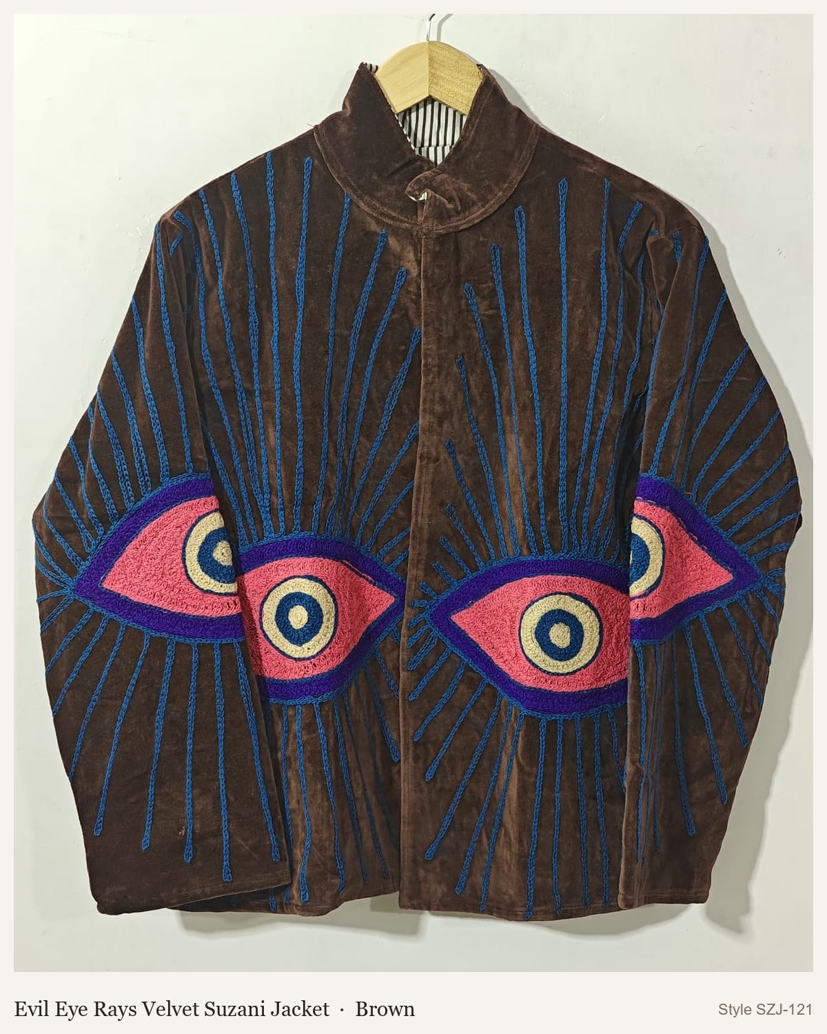 Evil Eye Rays Velvet Suzani Jacket in Brown, front and back