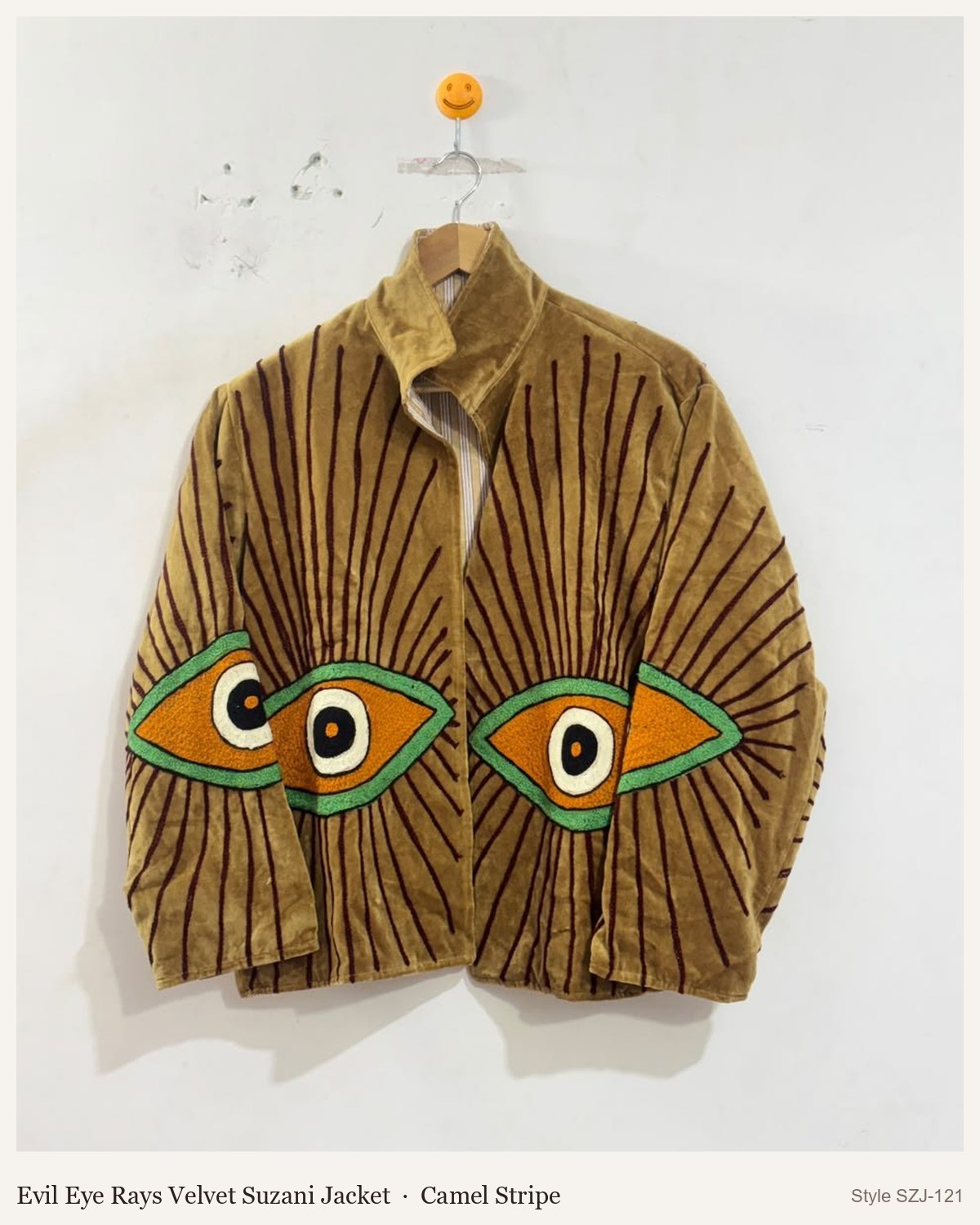Evil Eye Rays Velvet Suzani Jacket in Camel Stripe, front and back