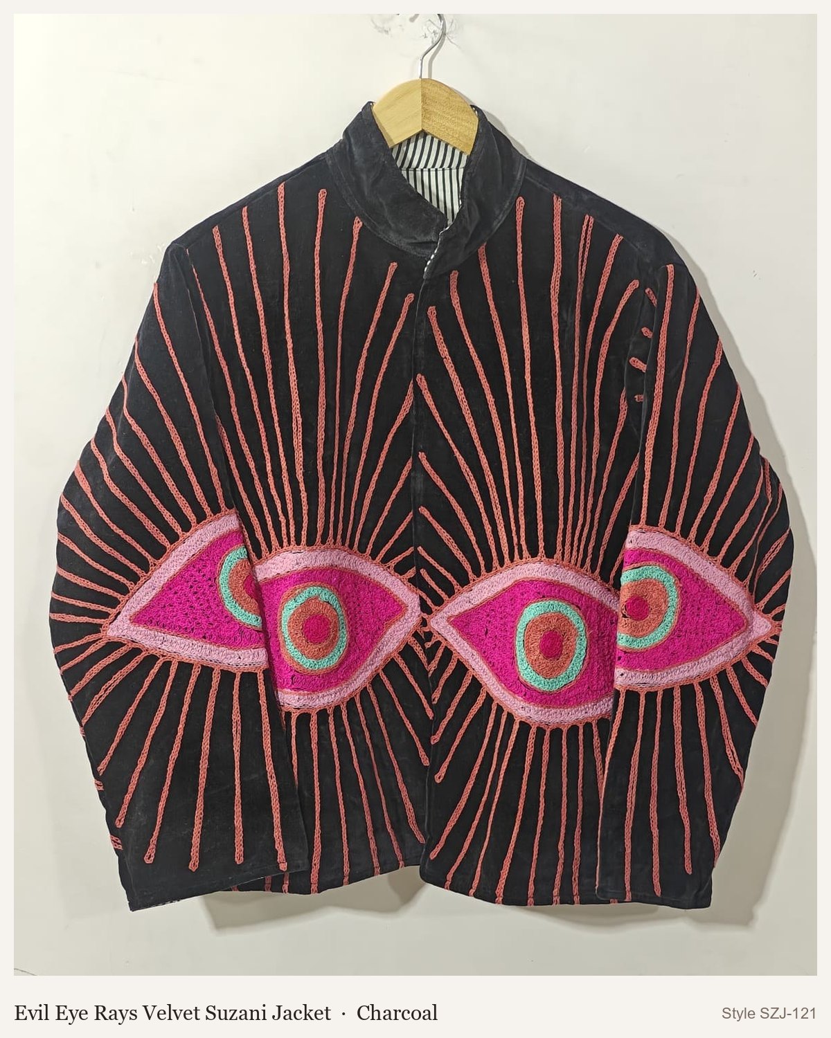 Evil Eye Rays Velvet Suzani Jacket in Charcoal, front and back