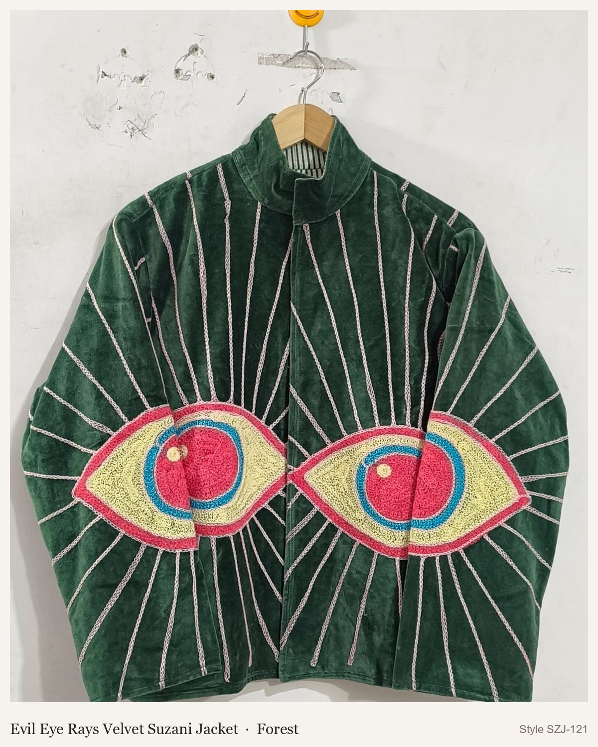 Evil Eye Rays Velvet Suzani Jacket in Forest, front and back