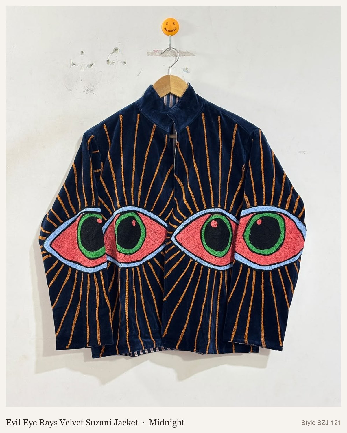 Evil Eye Rays Velvet Suzani Jacket in Midnight, front and back