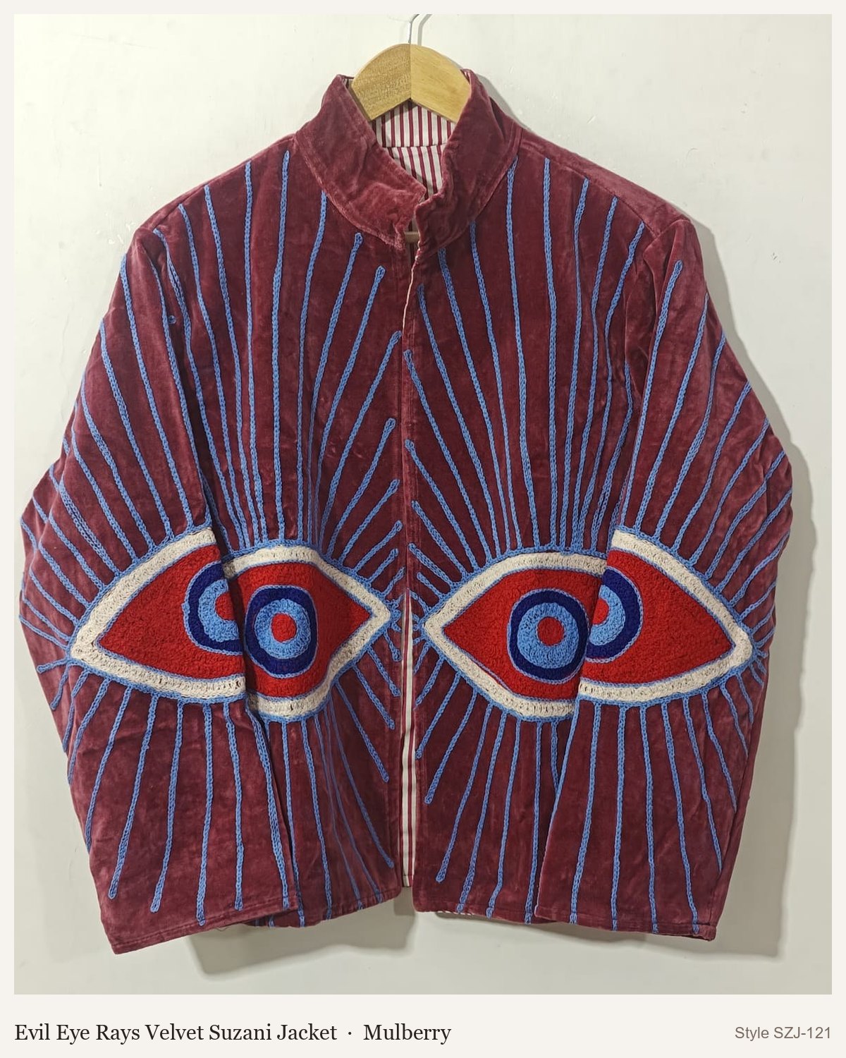 Evil Eye Rays Velvet Suzani Jacket in Mulberry, front and back