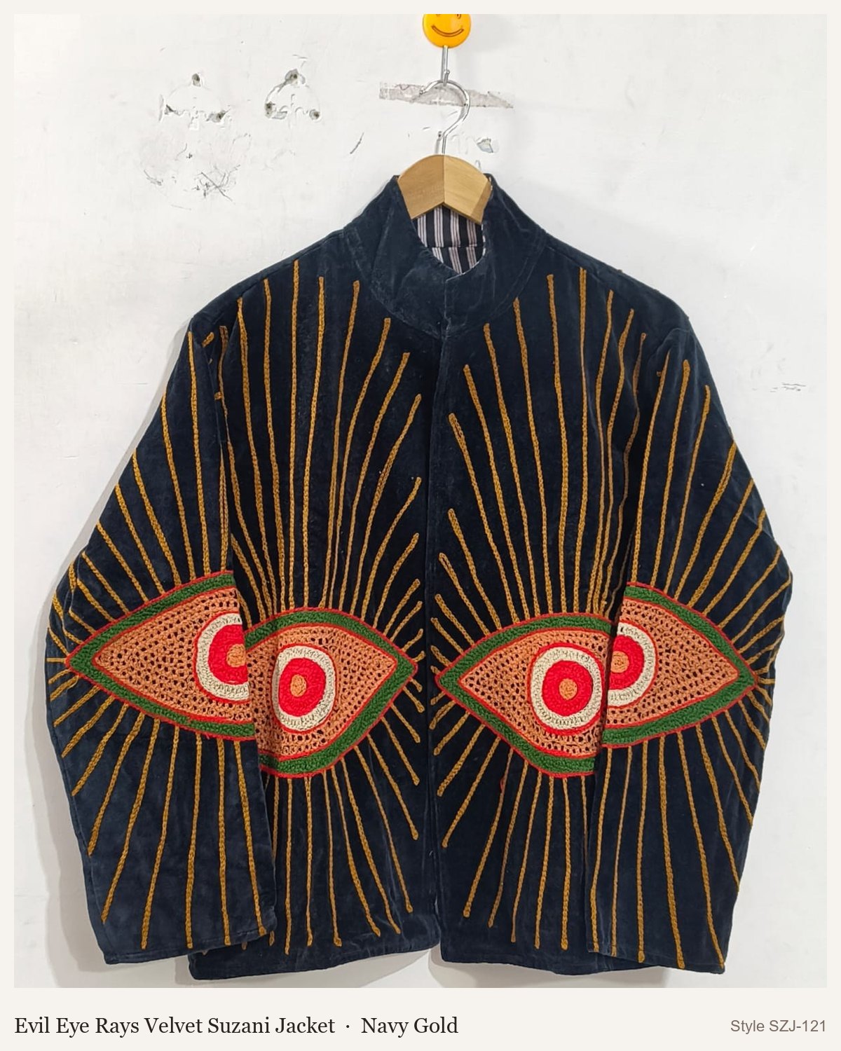 Evil Eye Rays Velvet Suzani Jacket in Navy Gold, front and back
