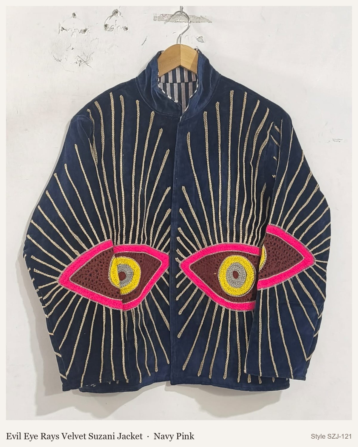 Evil Eye Rays Velvet Suzani Jacket in Navy Pink, front and back