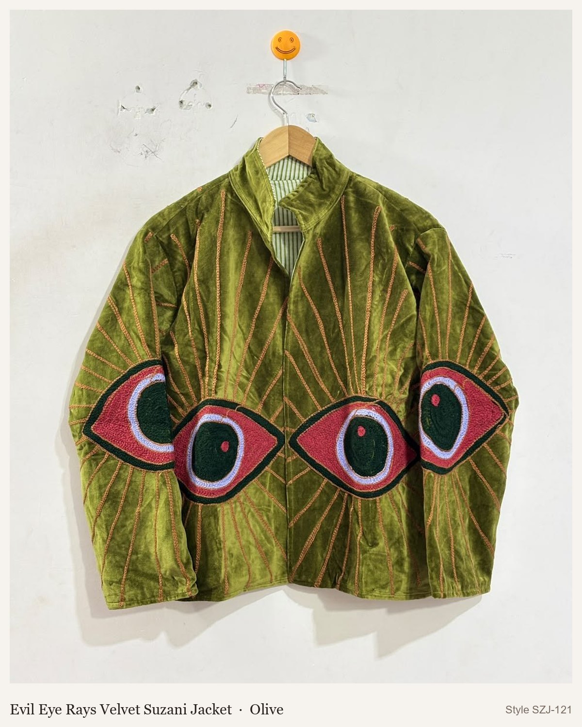 Evil Eye Rays Velvet Suzani Jacket in Olive, front and back