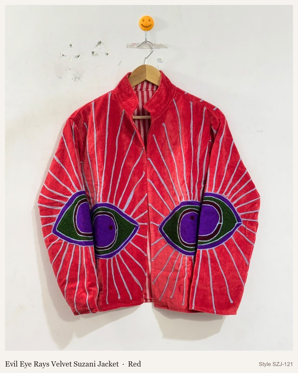 Evil Eye Rays Velvet Suzani Jacket in Red, front and back