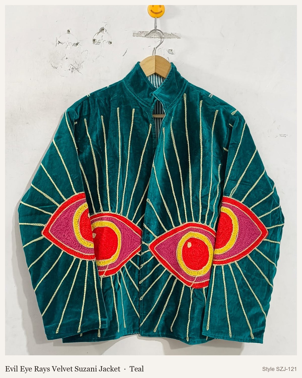 Evil Eye Rays Velvet Suzani Jacket in Teal, front and back