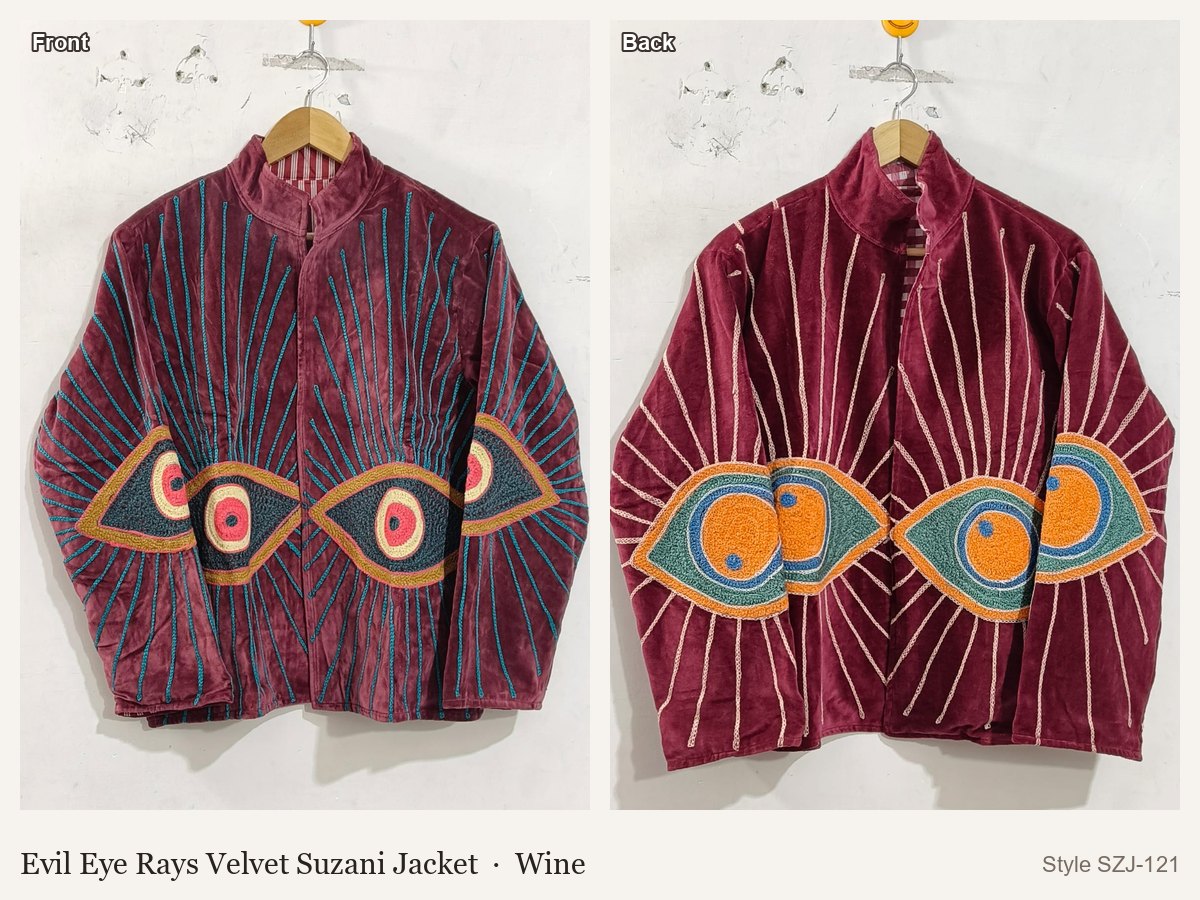 Evil Eye Rays Velvet Suzani Jacket in Wine, front and back