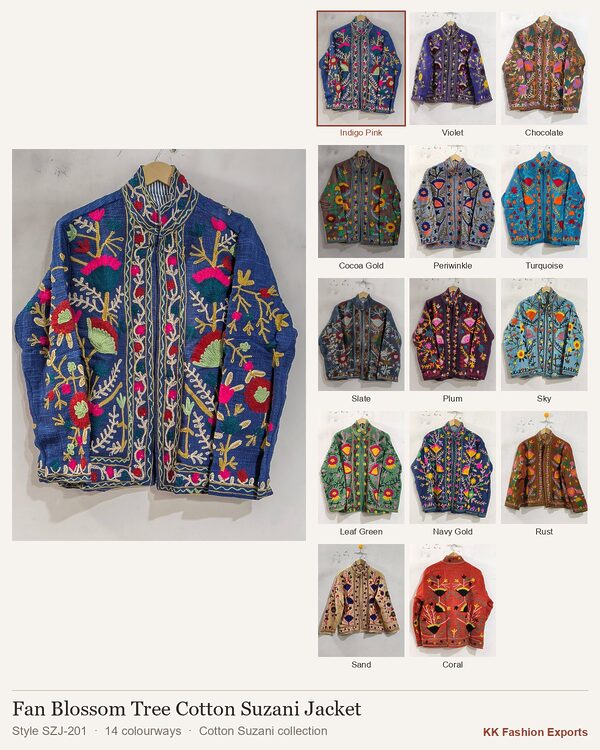 Fan Blossom Tree Cotton Suzani Jacket, style SZJ-201, shown in 14 colourways