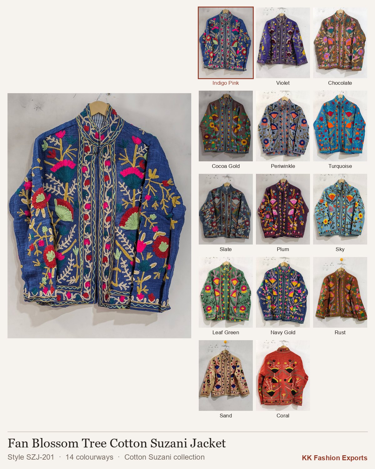 Fan Blossom Tree Cotton Suzani Jacket, style SZJ-201, shown in 14 colourways