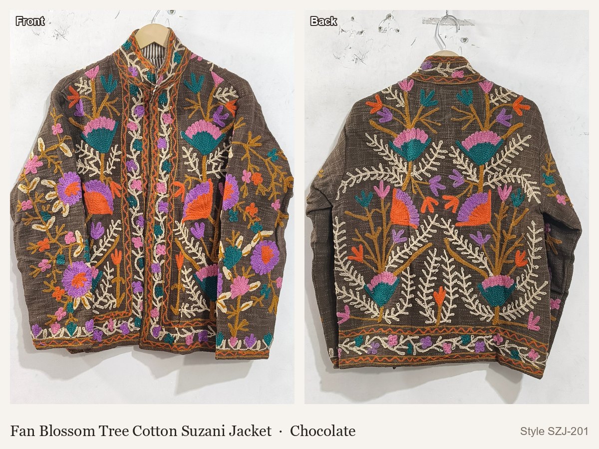 Fan Blossom Tree Cotton Suzani Jacket in Chocolate, front and back