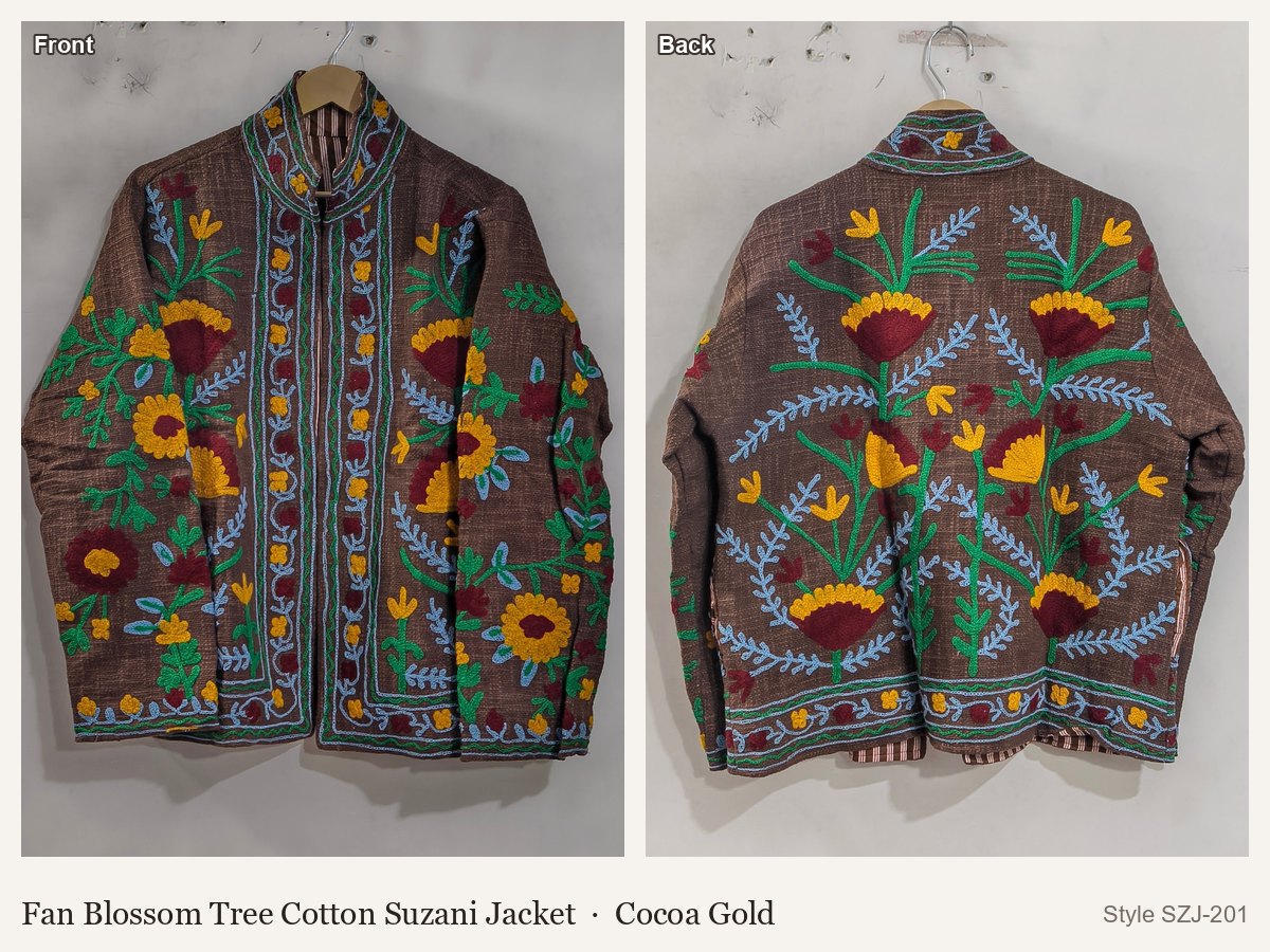 Fan Blossom Tree Cotton Suzani Jacket in Cocoa Gold, front and back