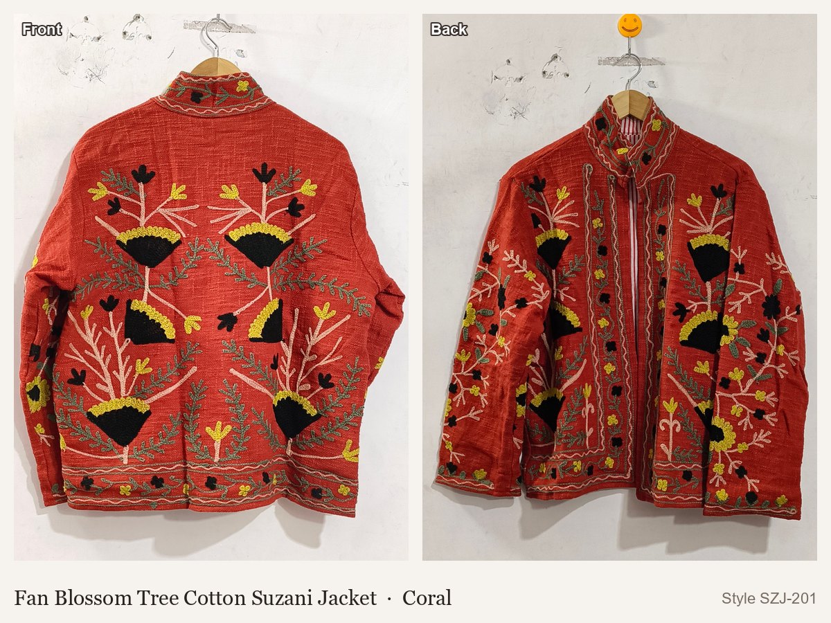 Fan Blossom Tree Cotton Suzani Jacket in Coral, front and back