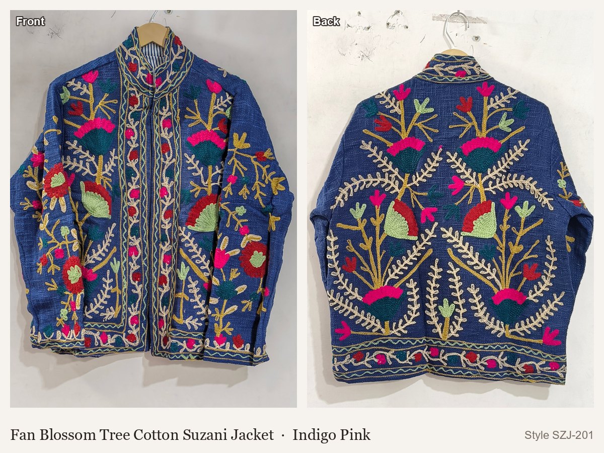 Fan Blossom Tree Cotton Suzani Jacket in Indigo Pink, front and back