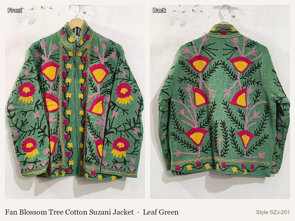 Fan Blossom Tree Cotton Suzani Jacket in Leaf Green, front and back