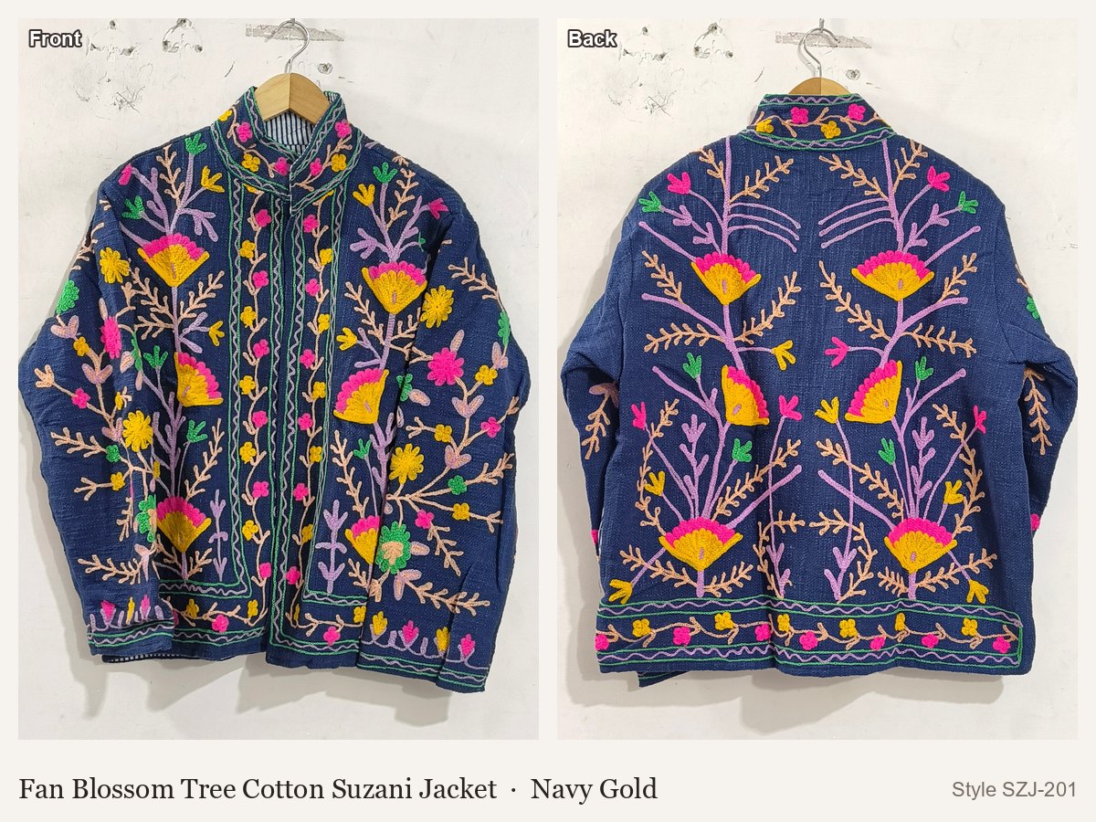 Fan Blossom Tree Cotton Suzani Jacket in Navy Gold, front and back