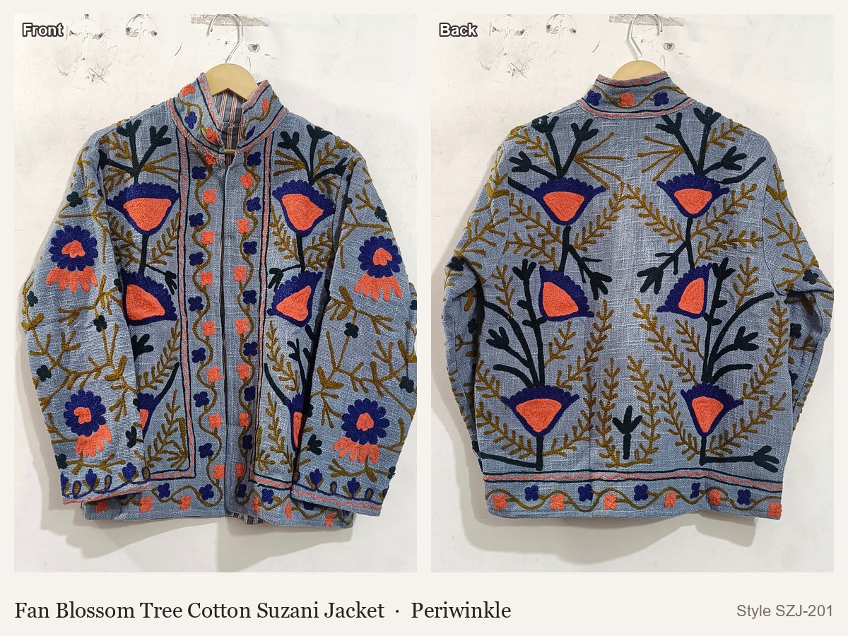 Fan Blossom Tree Cotton Suzani Jacket in Periwinkle, front and back