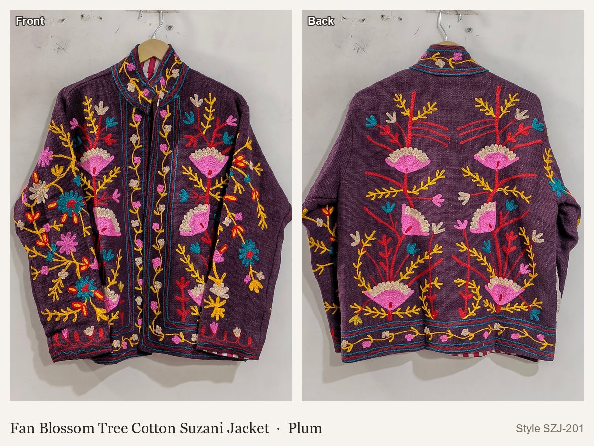 Fan Blossom Tree Cotton Suzani Jacket in Plum, front and back