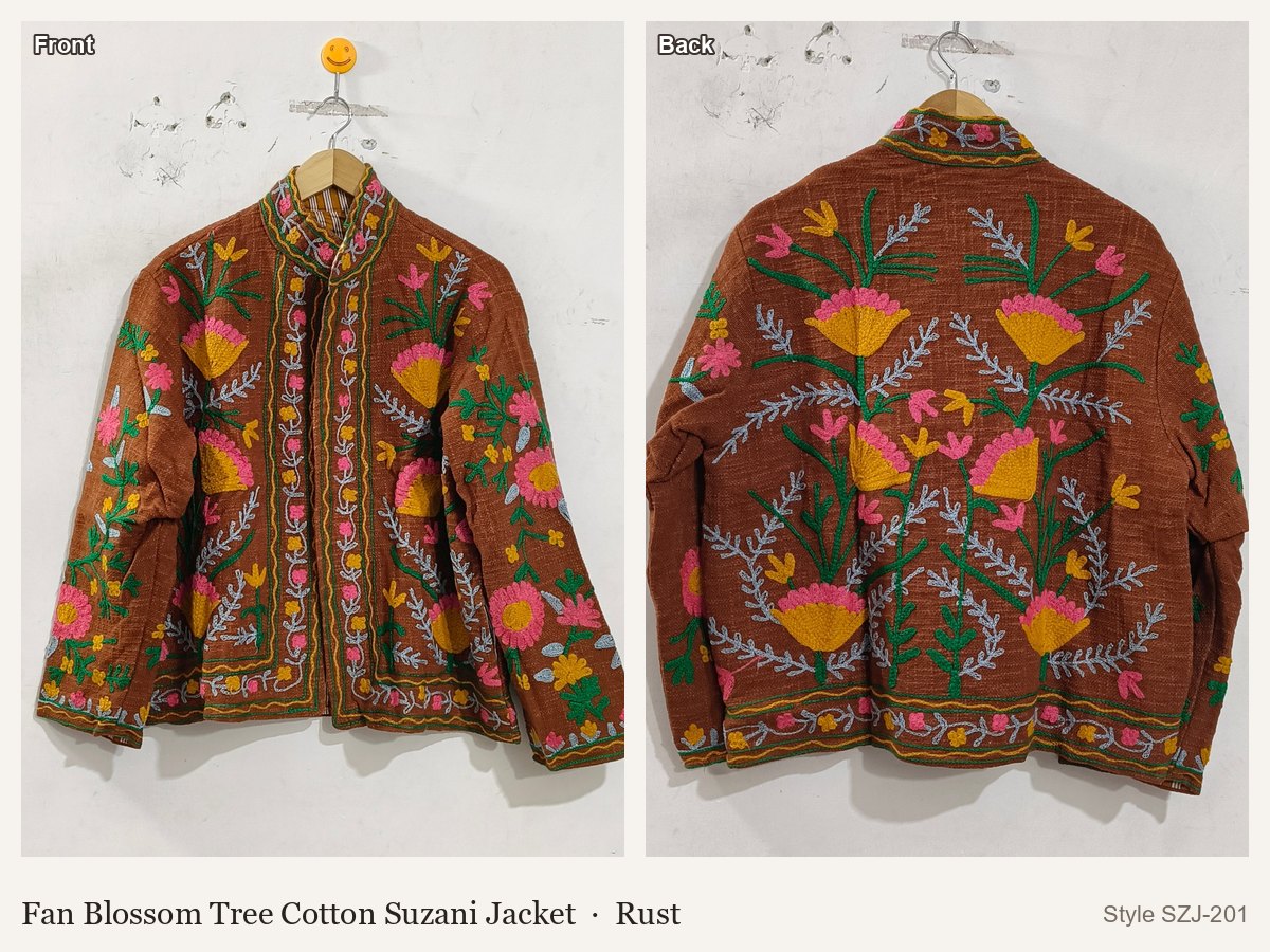 Fan Blossom Tree Cotton Suzani Jacket in Rust, front and back