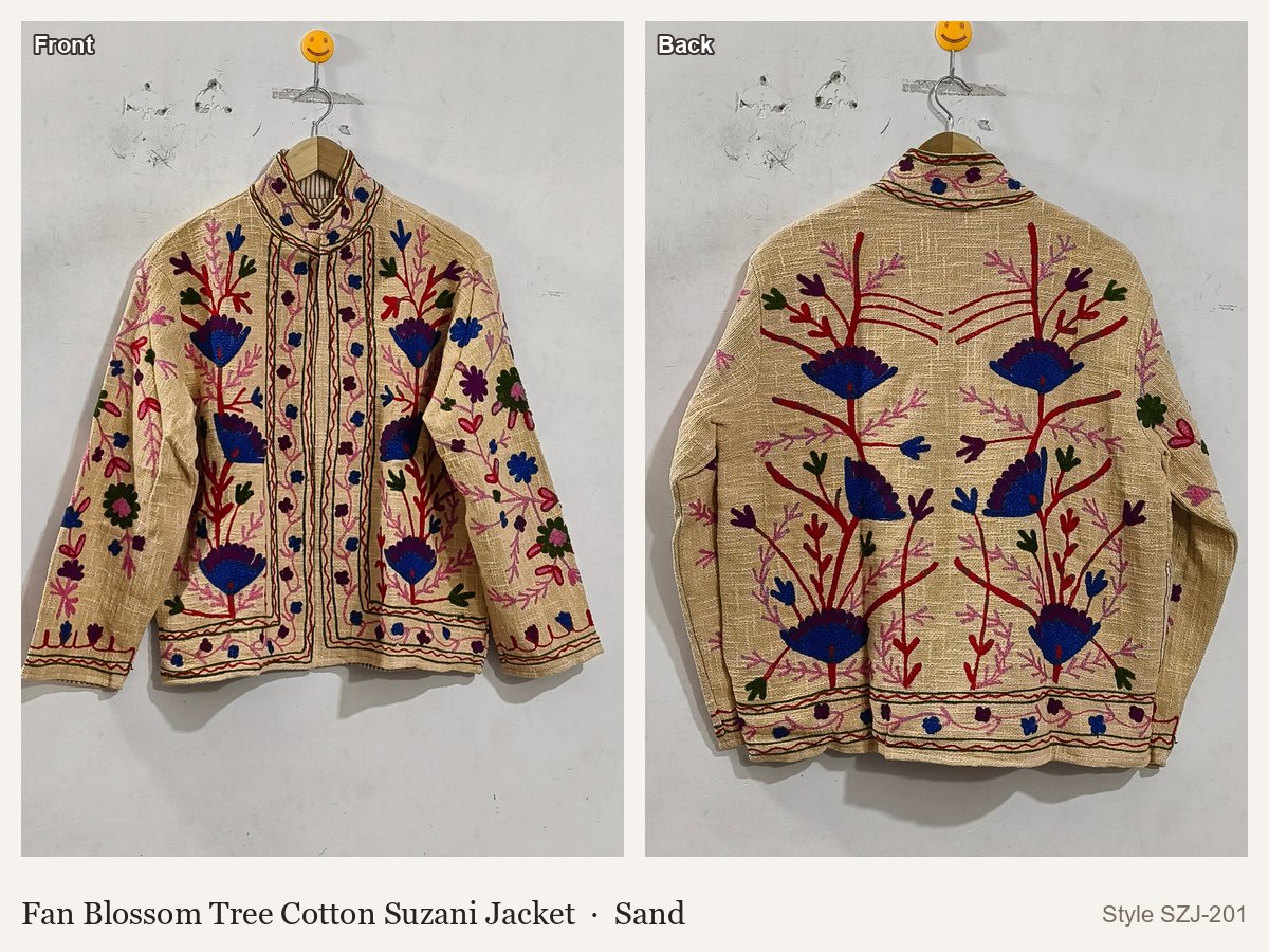 Fan Blossom Tree Cotton Suzani Jacket in Sand, front and back