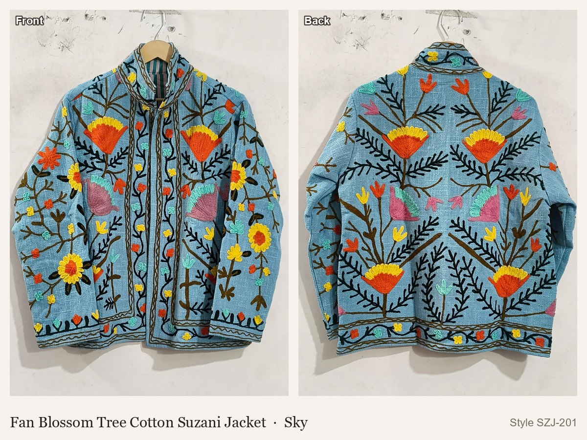 Fan Blossom Tree Cotton Suzani Jacket in Sky, front and back