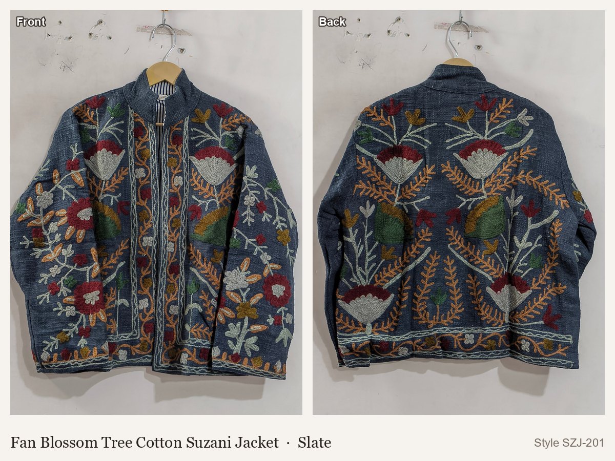 Fan Blossom Tree Cotton Suzani Jacket in Slate, front and back