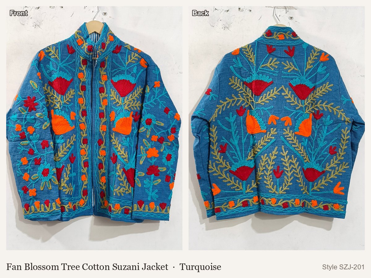 Fan Blossom Tree Cotton Suzani Jacket in Turquoise, front and back