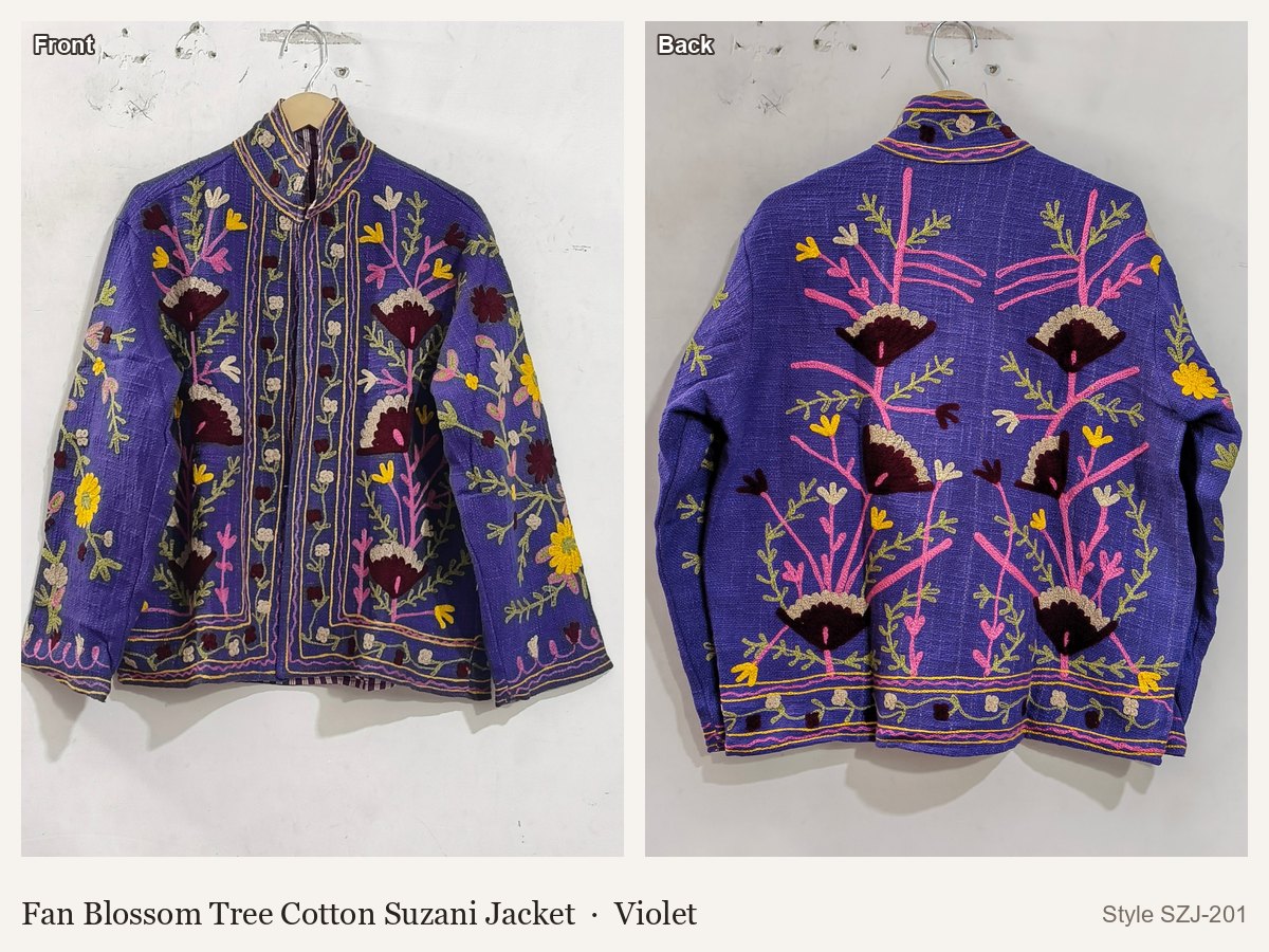 Fan Blossom Tree Cotton Suzani Jacket in Violet, front and back