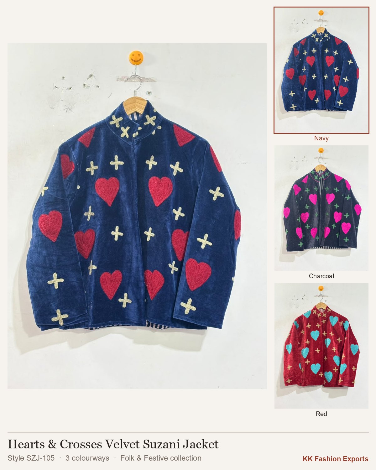 Hearts & Crosses Velvet Suzani Jacket, style SZJ-105, shown in 3 colourways