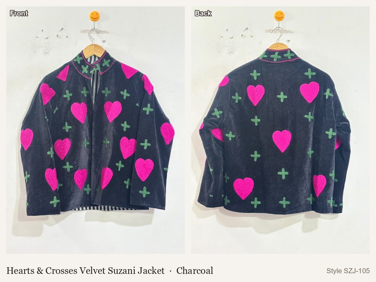 Hearts & Crosses Velvet Suzani Jacket in Charcoal, front and back